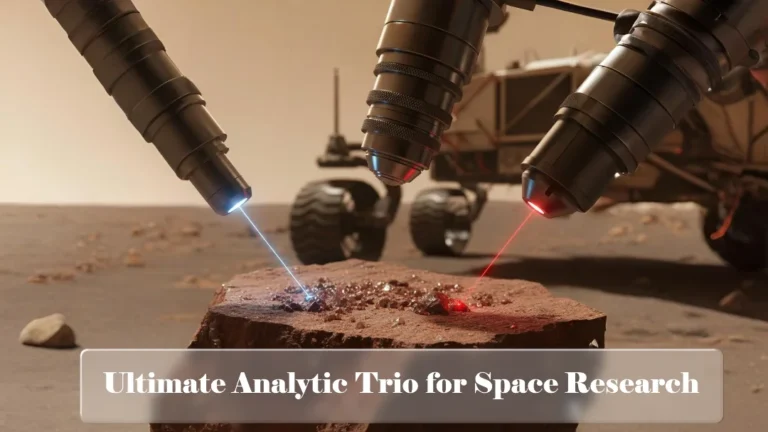 Close-up of a Martian rock being analyzed simultaneously by XRD, SEM, and Raman spectroscopy interfaces, with a Mars rover visible in the blurred background.