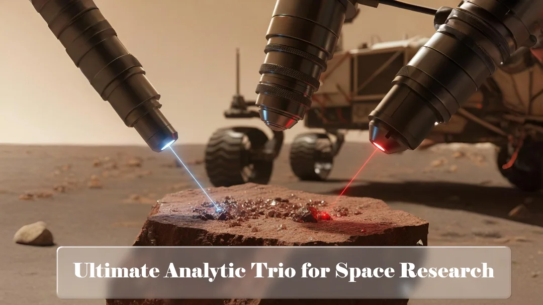 Close-up of a Martian rock being analyzed simultaneously by XRD, SEM, and Raman spectroscopy interfaces, with a Mars rover visible in the blurred background.