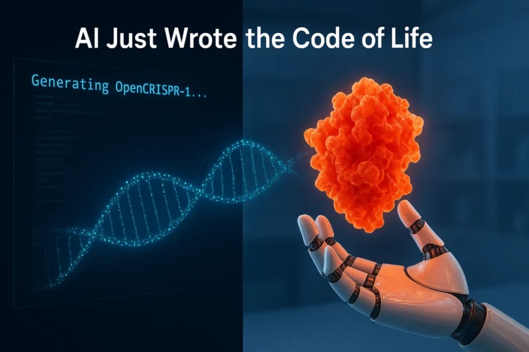 Illustration of an AI generating the OpenCRISPR-1 protein, showing code transforming into a glowing gene-editing enzyme.