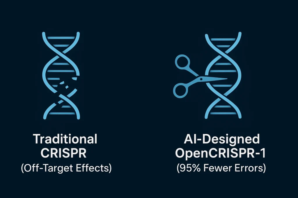 Diagram comparing the precision of AI-designed OpenCRISPR-1, which makes a single clean cut, to traditional CRISPR, which shows multiple off-target cuts on a DNA strand.