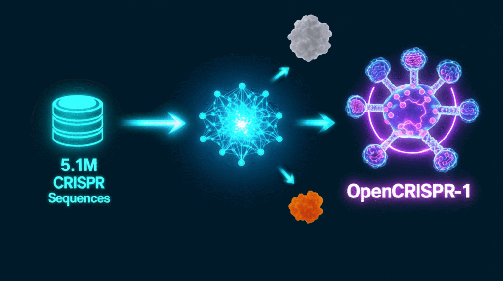 Infographic diagram showing how an AI is trained on millions of CRISPR protein sequences to generate new gene editors like OpenCRISPR-1.