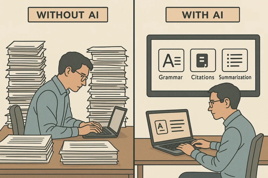 The traditional research process versus one enhanced by AI writing tools for research papers.