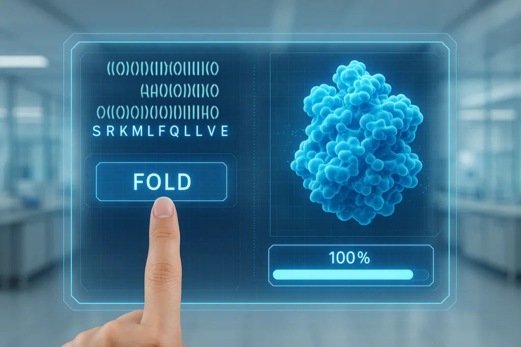 A futuristic holographic interface showing an amino acid sequence transforming into a 3D protein structure with the press of a 'FOLD' button.