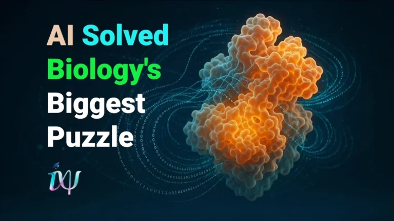 A glowing, complex 3D protein model with streams of digital data and code forming its structure, representing AlphaFold drug discovery - the AI-driven breakthrough.