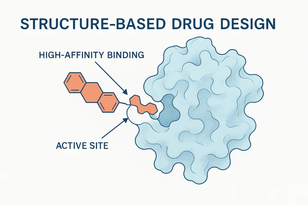 AlphaFold drug discovery: A diagram showing a small drug molecule (ligand) fitting perfectly into the binding site of a larger protein structure, demonstrating targeted drug design.