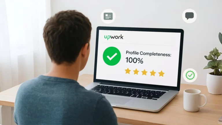 Over-the-shoulder view of a freelancer reviewing their 100% complete Upwork profile dashboard on a laptop, symbolizing the first steps to success.