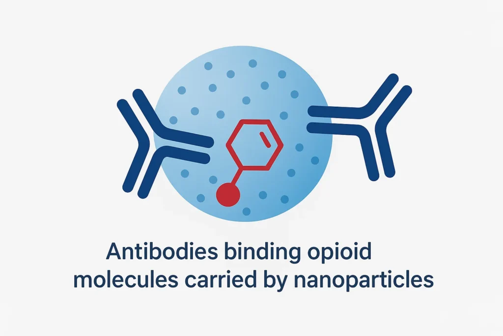 Concept of Opioid Vaccine: Antibodies binding opioid molecules carried by nanoparticles