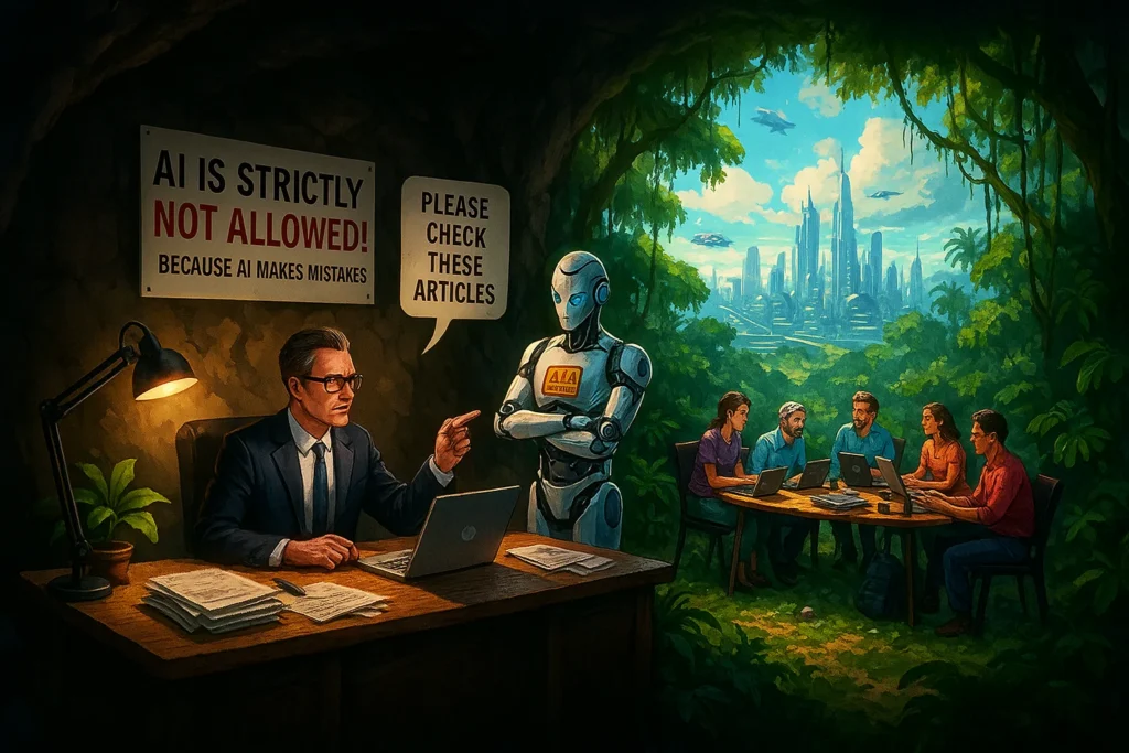 Illustration of a modern office carved inside a cave with a director and AI content detection humanoid, contrasted with people outside using AI in a jungle, and a futuristic city glowing in the distance.