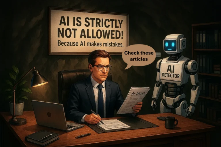 Director in a modern office with a “No AI Allowed” sign on the wall, commanding a humanoid AI detector inside a cave-like setting.