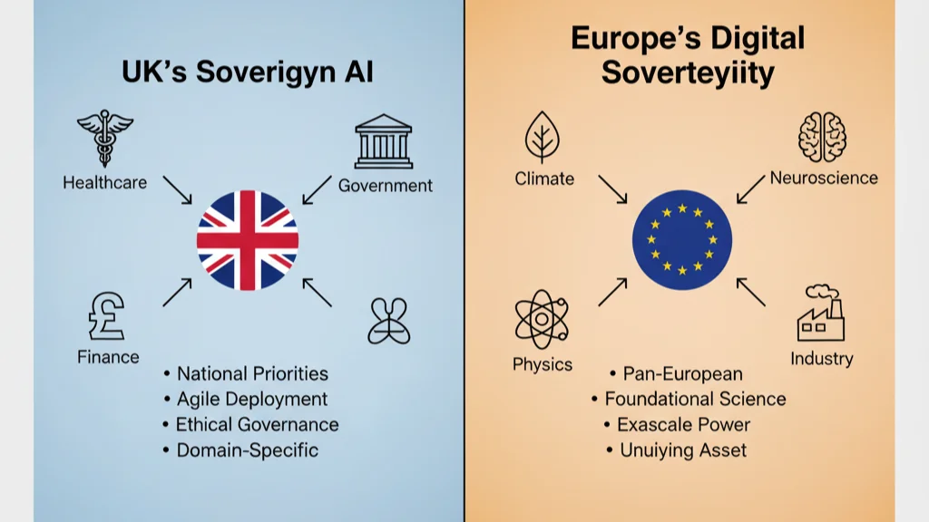 Diagram comparing the UK's sovereign AI strategy focused on national applications versus Europe's digital sovereignty strategy for broad scientific research.