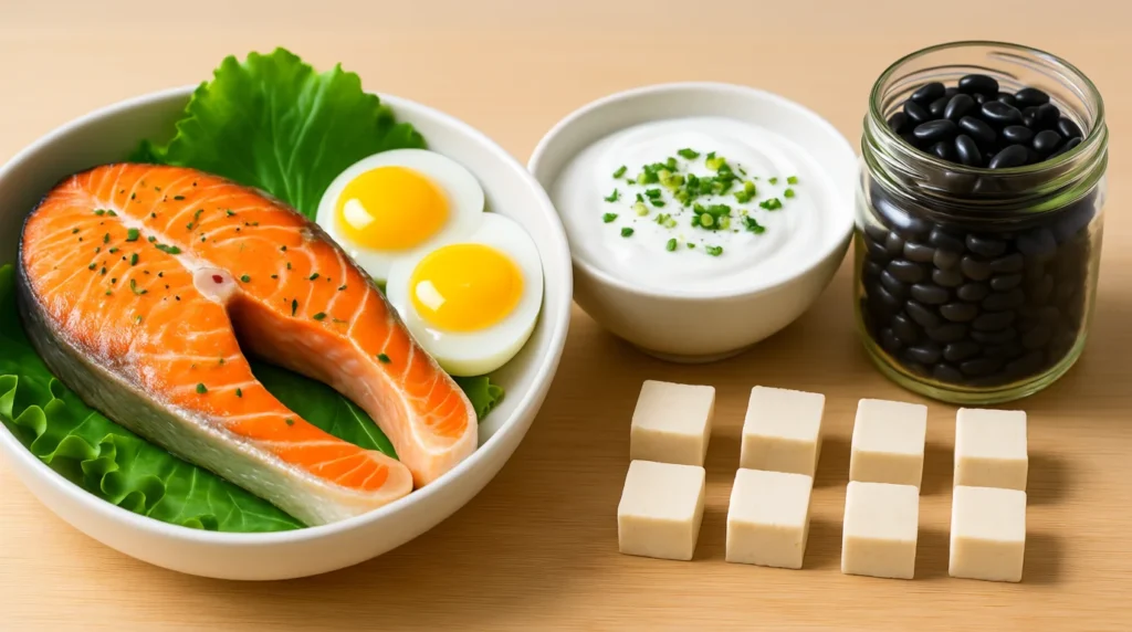 Collage of high-protein foods for a GLP-1 diet including chicken, salmon, eggs, Greek yogurt, tofu, and black beans to prevent muscle loss on Ozempic.