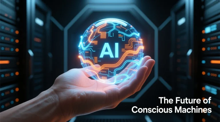 Human hand guiding a glowing AI neural network sphere, symbolizing human judgment in AI safety