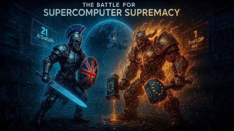 Metaphorical image portraying the UK's Isambard-AI and Europe's Jupiter supercomputers as champions in a futuristic arena, symbolizing their 2025 technology battle.