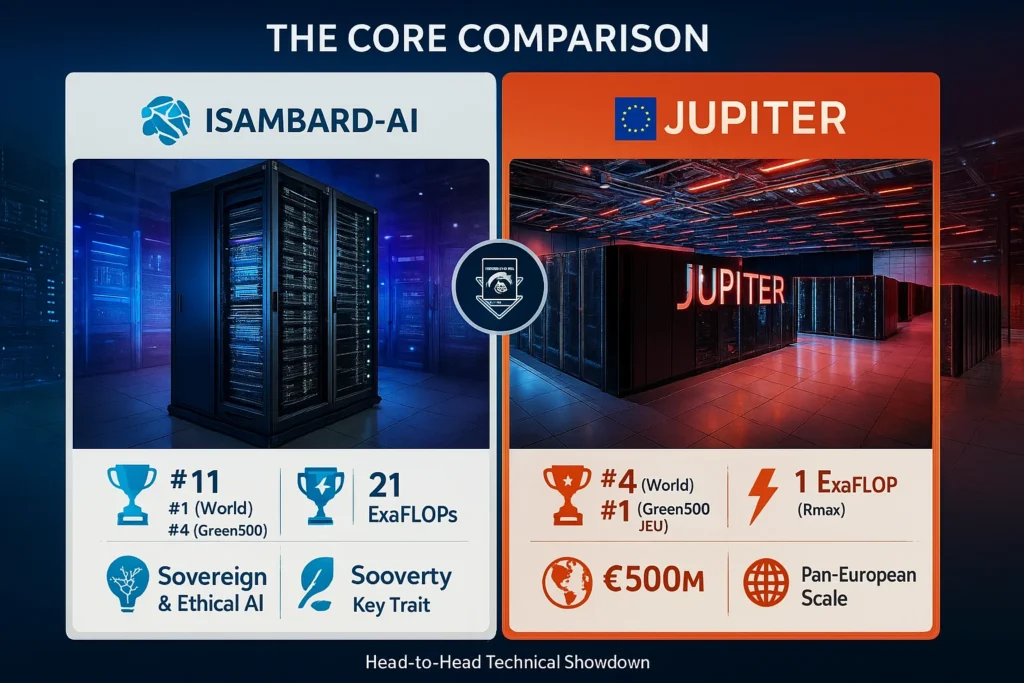 Isambard-AI vs Jupiter: Infographic comparing the technical specifications of the AI supercomputer and exascale supercomputers, including ranking, performance, cost, and key design philosophy.