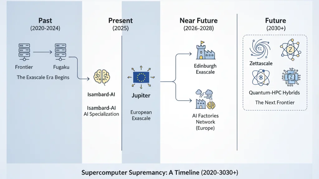 Timeline infographic showing the evolution of supercomputing from 2020 exascale systems to Isambard-AI and Jupiter in 2025, and future projections like zettascale computing.