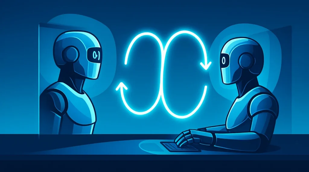 Visual metaphor of the AI content detection paradox showing an AI analyzing itself in an infinite loop