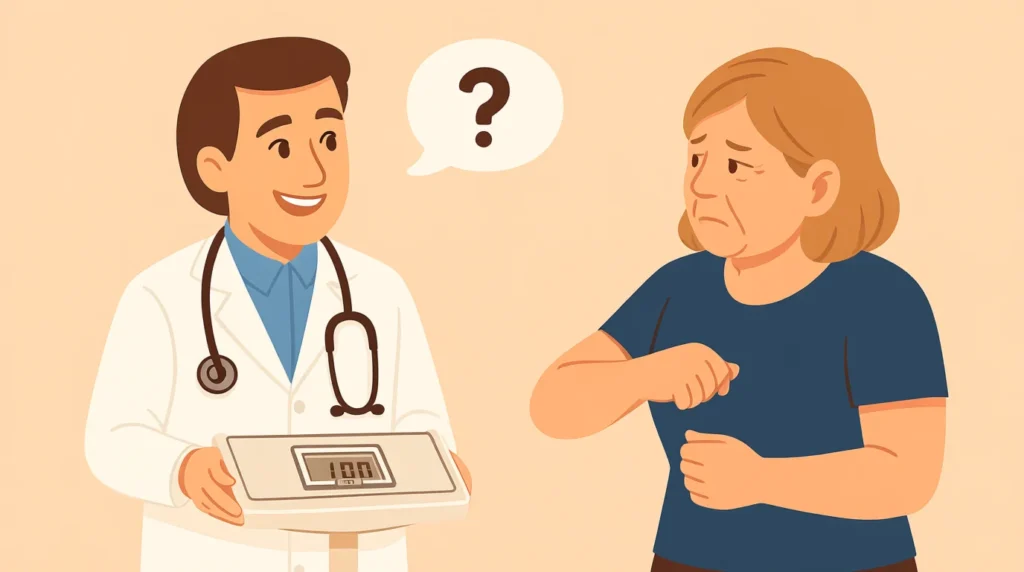 Friendly illustration of a doctor and patient discussing frequently asked questions about Ozempic, Wegovy, and muscle loss prevention.