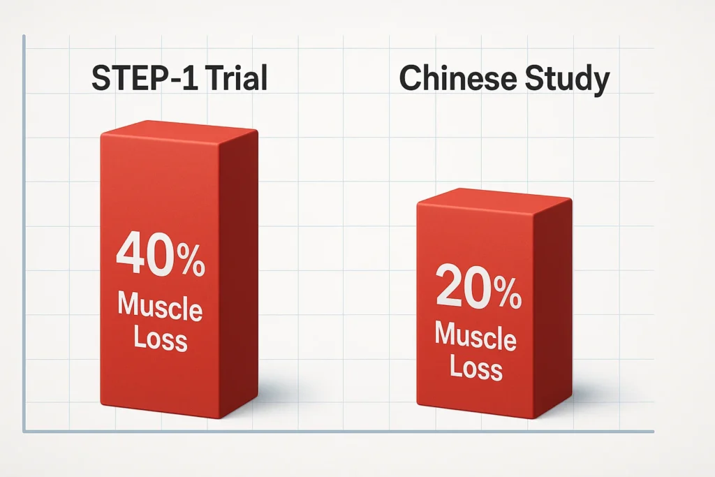 Bar chart comparing muscle loss data from the STEP-1 trial (40% lean mass loss) and a smaller Chinese study (20% lean mass loss) on semaglutide (Ozempic).