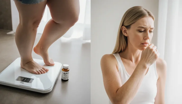 A split image contrasting a woman happy about weight loss on a scale versus her concerned about muscle loss with a dumbbell, illustrating the Ozempic muscle loss paradox.