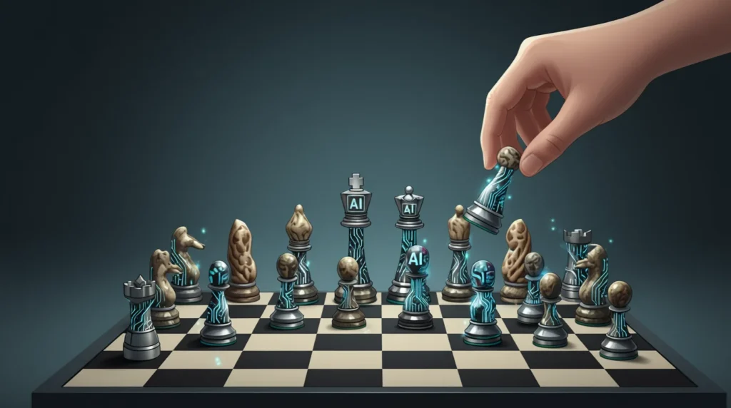 Symbolic chessboard with human and AI hybrid pieces, guided by a human hand to represent strategic oversight of human judgement in AI safety