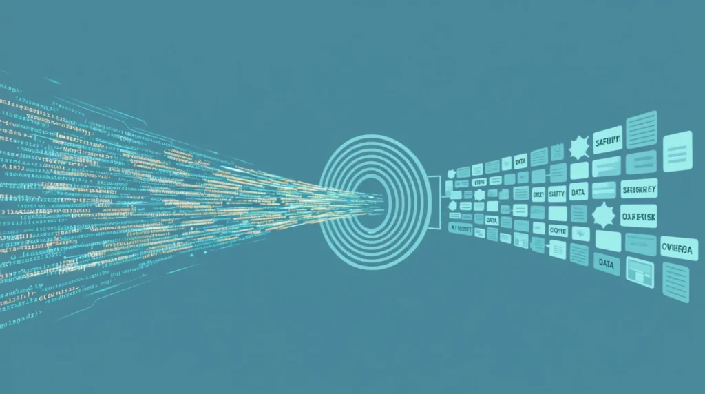 Illustration of a human-like filter transforming chaotic AI code into clear, structured output, symbolizing human judgment in AI safety